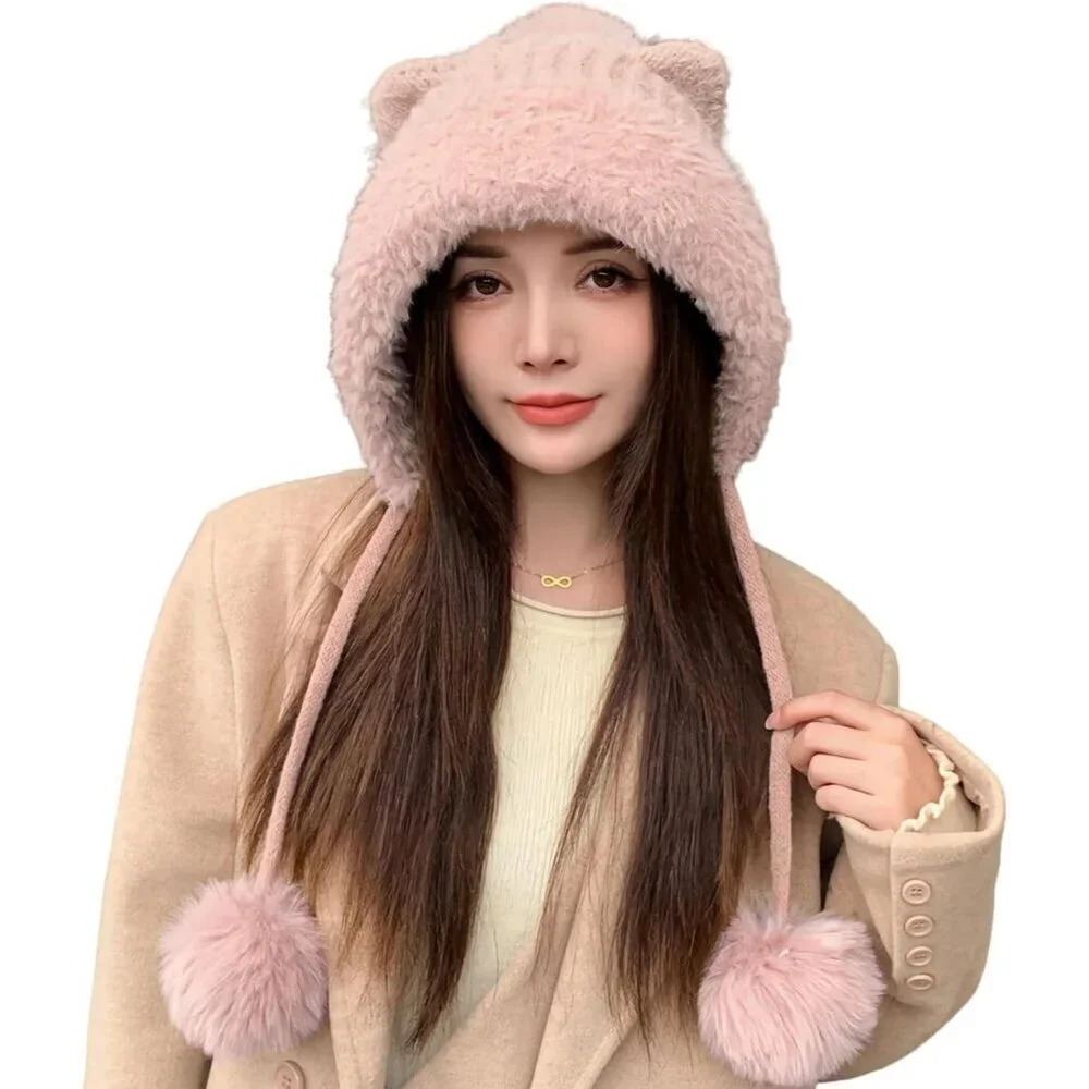 Women pink 2 Winter Sherpa Beanie Hats Knit Ear Flaps Peruvian Cover Ears